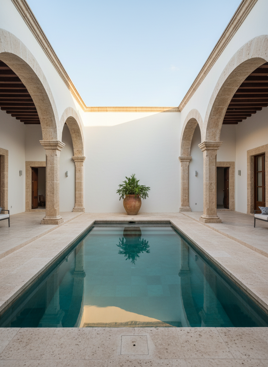 A meticulously restored colonial-era courtyard of a luxury vacation rental in Mérida, featuring a rectangular turquoise plunge pool with hand-cut stone edges and perfectly still water that mirrors the surrounding arches. Polished limestone floors lead to high, whitewashed walls with original exposed beams and a single, oversized clay pot with lush greenery. Late afternoon golden light filters in from above, casting refined shadows along the arches and subtly illuminating the pool surface. Captured at eye level with a wide-angle lens, sharp focus throughout, conveying a serene, sophisticated atmosphere. Photographic realism emphasizes the contrast between cool water tones and the warm, historic architecture, ideal as a hero image for a high-end rental brand.