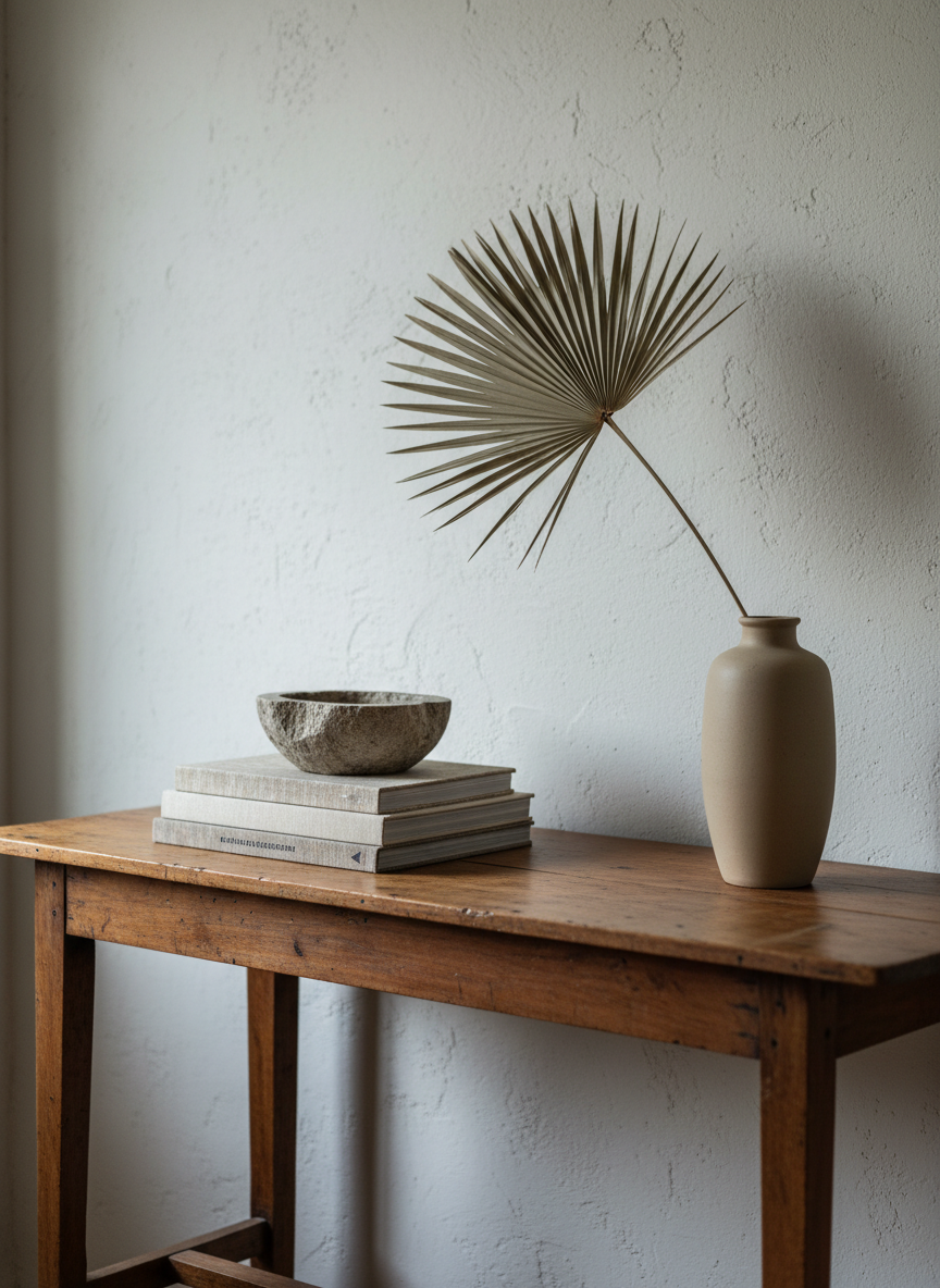 A detail-rich vignette from a Mérida design rental: a vintage wooden console table with a flawlessly restored patina stands against a cool, off-white stucco wall. On the table rests a carefully curated arrangement: a stack of art and architecture books, a sculptural stone bowl, and a tall, slender ceramic vase in matte sand, holding a single, dramatic palm frond. Soft midday light filters in from an unseen window to the left, creating delicate highlights along the table’s worn edges and casting an elegant shadow of the palm on the wall. Shot at close range with a shallow depth of field, the background falls gently out of focus, drawing attention to the textures of wood, ceramic, and plant. The mood is quietly sophisticated and contemplative, in a minimalist, photographic style.