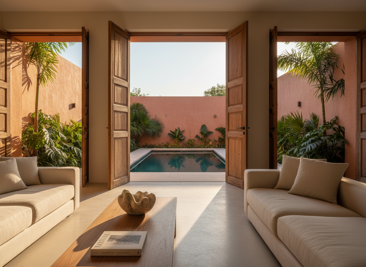 A luxurious indoor-outdoor living space of a Mérida vacation villa, where a sleek, low-profile ivory sofa with textured linen upholstery faces a set of open, hand-carved wooden doors leading directly to a small private pool. The interior features smooth, pale cement floors, a minimalist wooden coffee table with a single art book and a sculptural stone centerpiece. Outside, the pool shimmers in deep blue-green, framed by tropical plants and a high privacy wall in soft terracotta. Warm early evening light streams in, creating a subtle glow on surfaces and long, elegant shadows. Captured from inside looking out, with a balanced composition following the rule of thirds, the image conveys seamless indoor-outdoor living, refined comfort, and photographic realism.