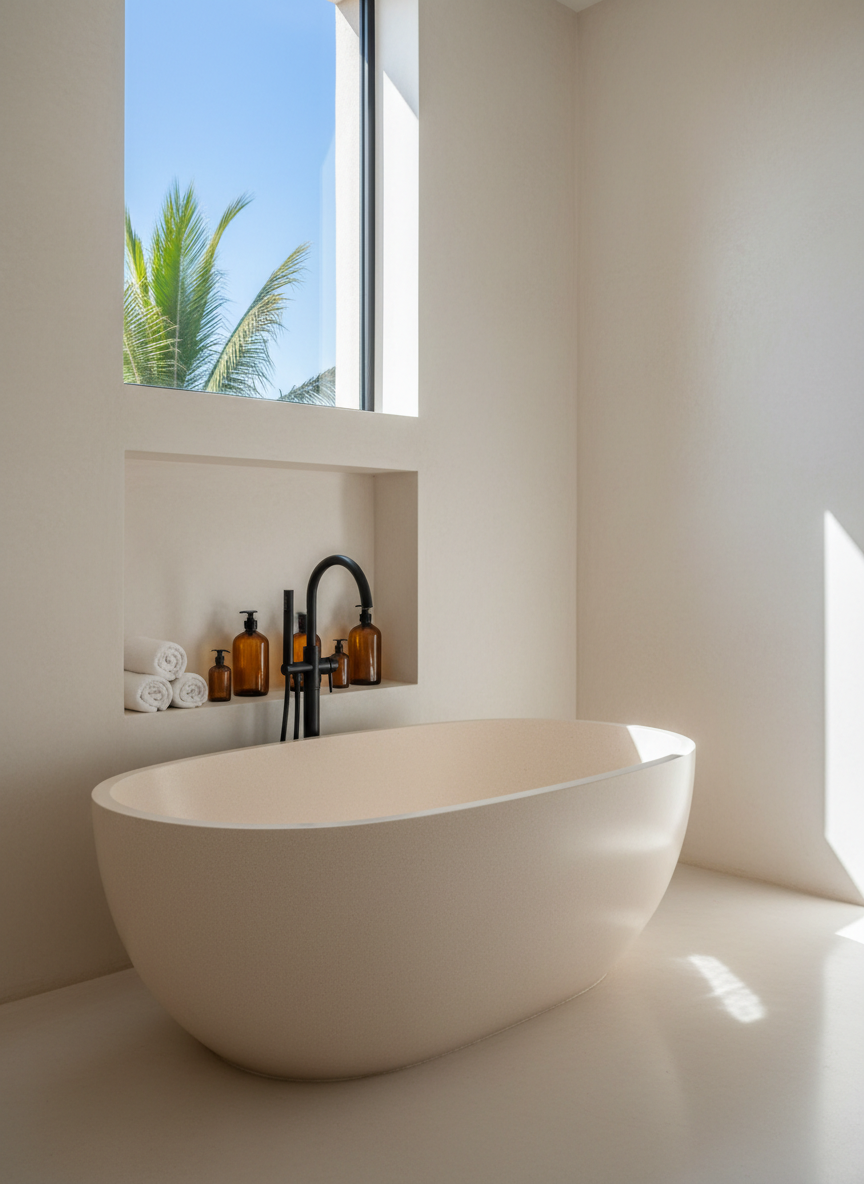A luxurious bathroom scene in a Mérida vacation villa, highlighting a freestanding, oval stone soaking tub with a velvety matte surface in soft limestone tones. The tub is set on polished microcement floors, positioned beneath a high window that frames a fragment of blue sky and palm fronds. Natural midday light pours in, creating a luminous, spa-like glow and delicate reflections on the floor. A recessed niche in the pale stucco wall holds rolled white towels and amber glass bottles. A slender black floor-mounted faucet arcs elegantly over the tub’s edge. Captured from a three-quarter angle with moderate depth of field, the composition balances negative space and detail. The atmosphere is serene, indulgent, and architectural, rendered in crisp photographic realism.