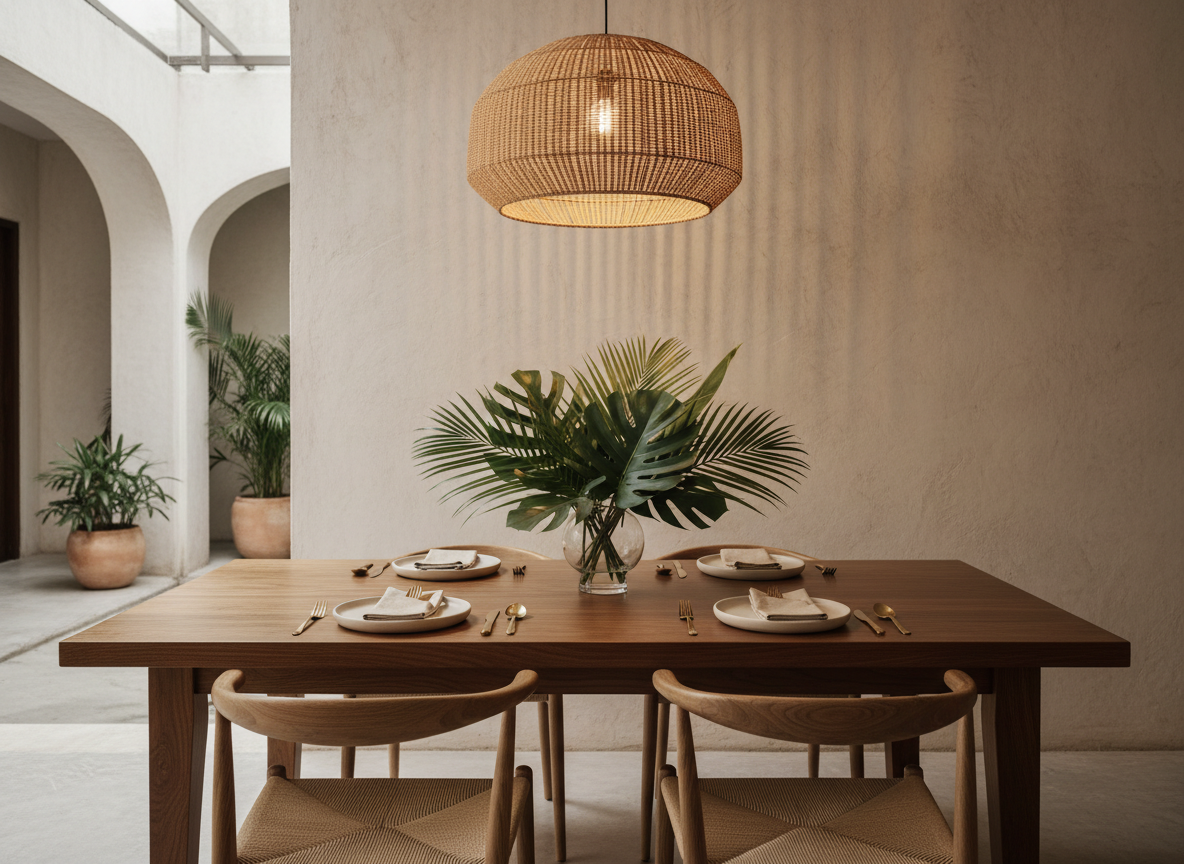 A refined dining setting in a Mérida luxury rental, featuring a solid wood dining table with a smooth, matte finish, its grain rich and warm under the light. Four modern wishbone-style chairs with natural cord seats are perfectly aligned around it. The table is set with simple off-white stoneware plates, linen napkins in a soft sand tone, and a single, low glass vase holding a sculptural arrangement of tropical leaves. Overhead, a large woven rattan pendant casts warm, dappled light and intricate shadows on the pale stucco walls. Captured at eye level with a slightly shallow depth of field to highlight the table setting while softly blurring the background, the mood is intimate, elegant, and welcoming, with photographic realism and a sophisticated, design-forward aesthetic.